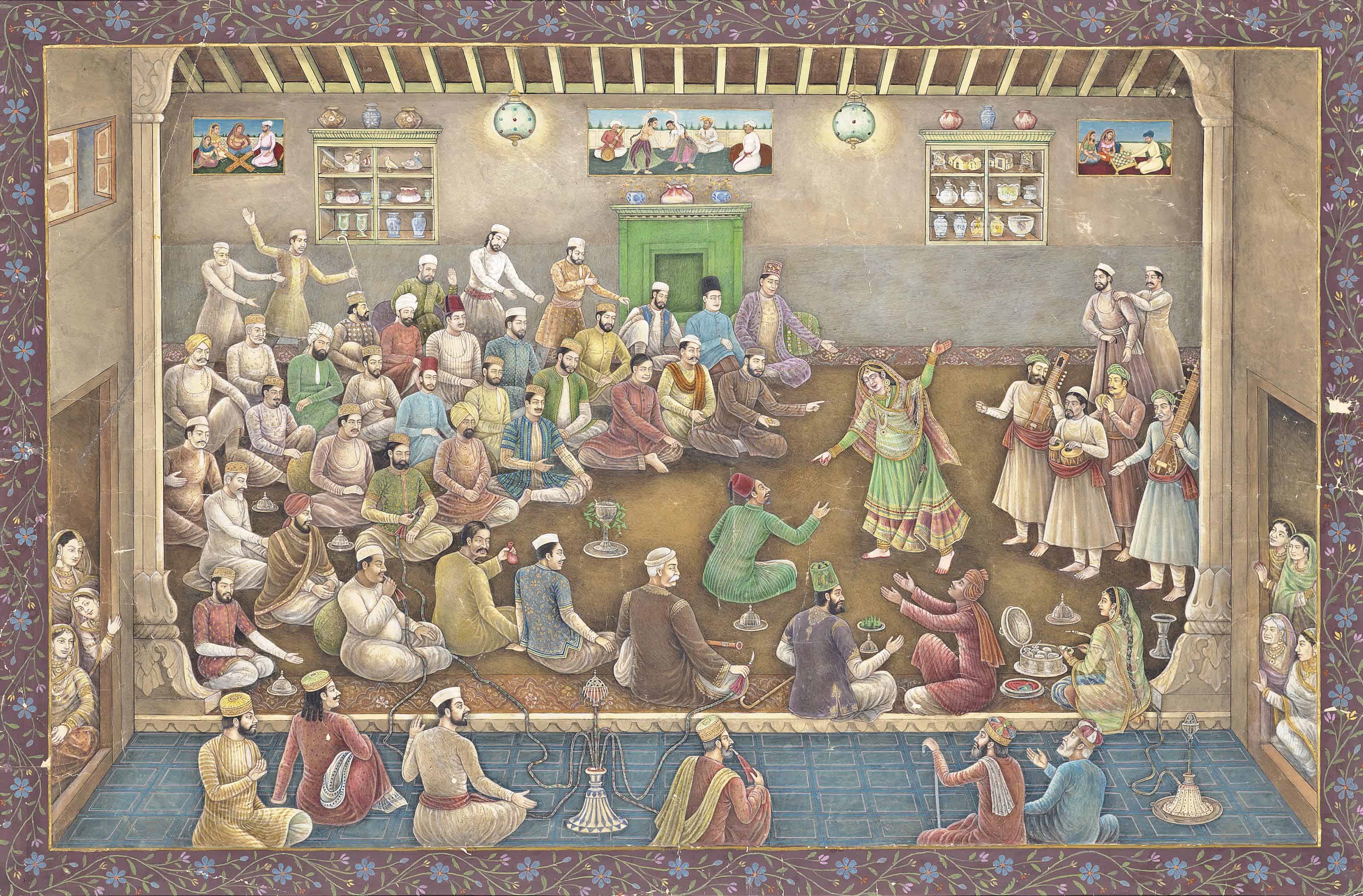A VERY LARGE PAINTING OF A NAUTCH IN A TAVERN
