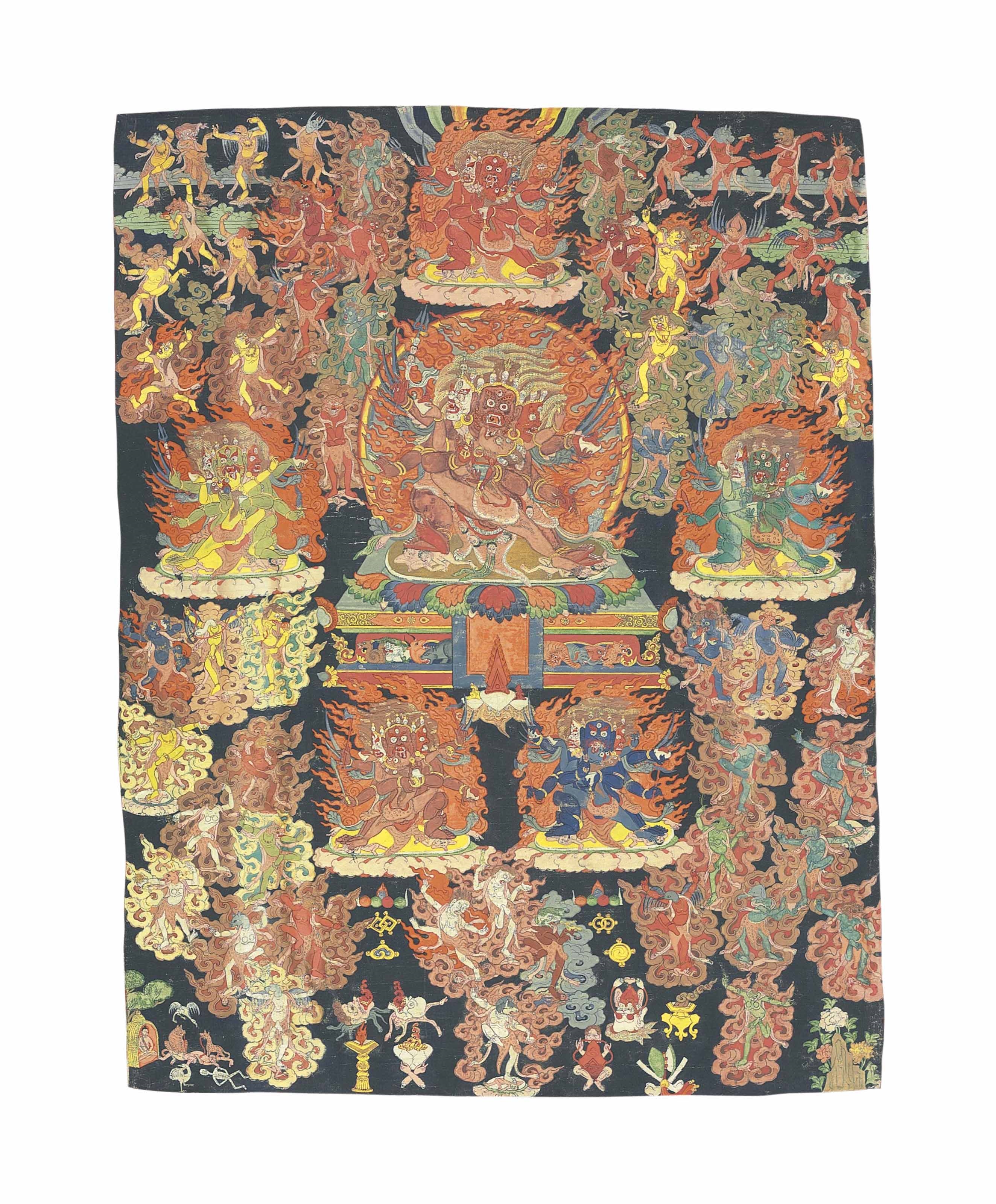 A painting of the 58 Wrathful Deities of the Guhyagarbha Tantra by Tibetan School, 18th Century