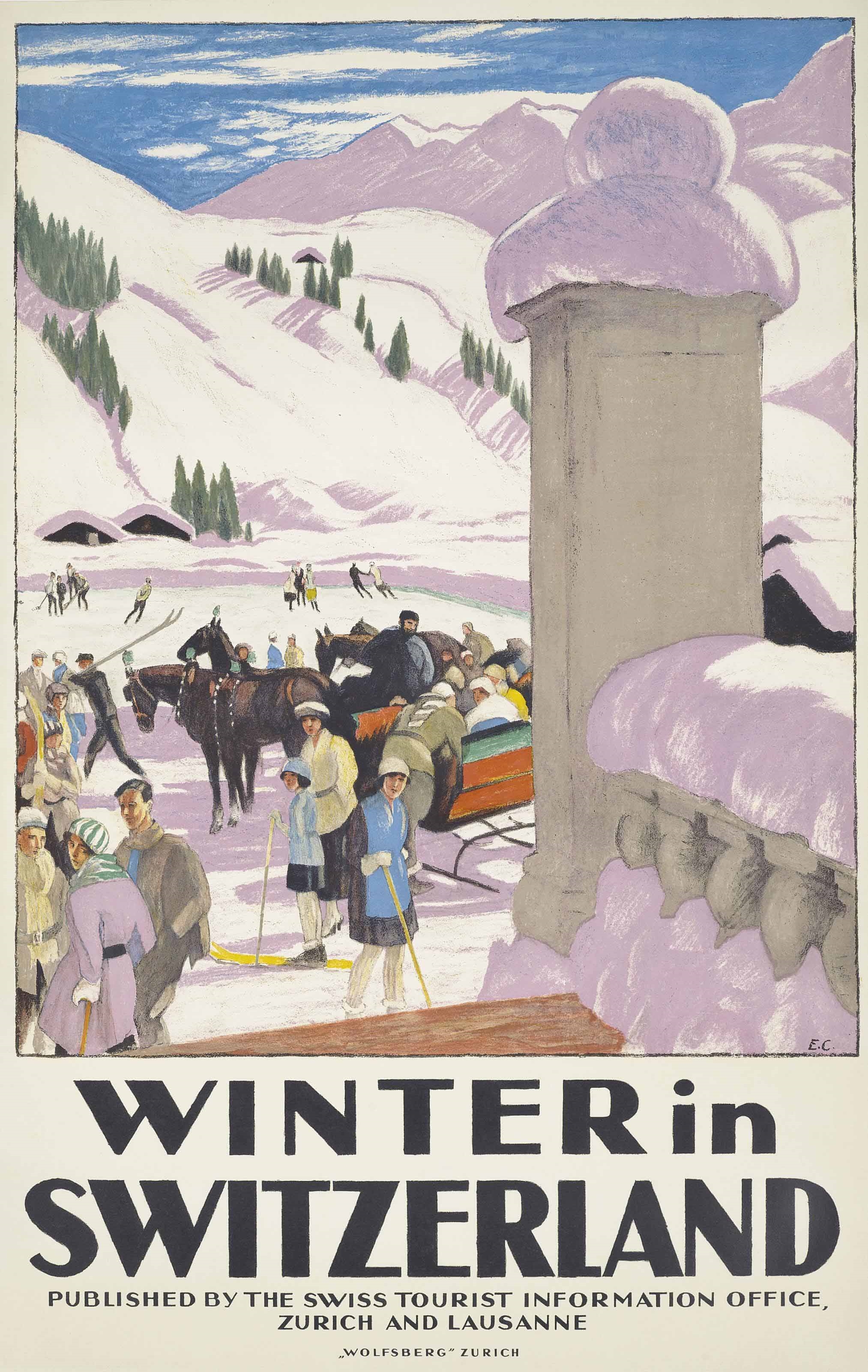 Artwork by Emil Cardinaux, WINTER IN SWITZERLAND, Made of lithograph in colours