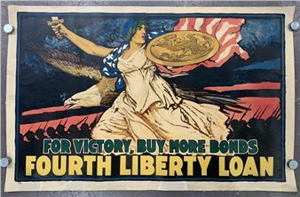 A bold propaganda poster featuring a female figure holding a coin and eagle, set against a dramatic sky with patriotic colors.
