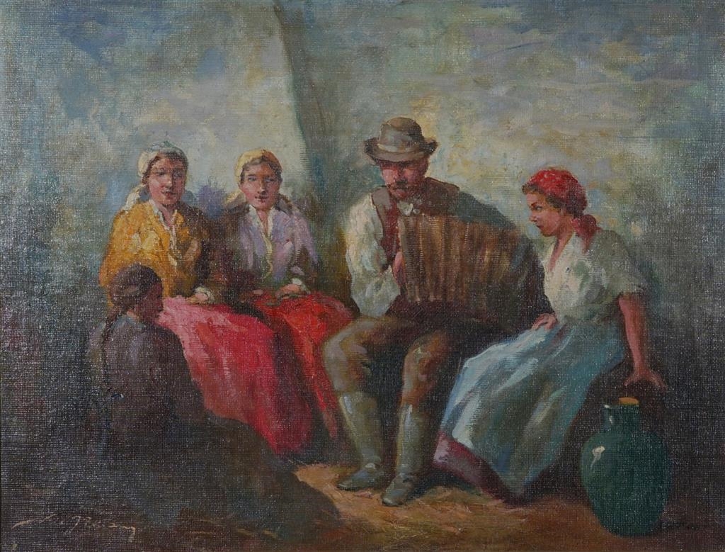 Artwork by J. Zoltan Kiss, Accordion Player & Listeners, Made of oil on canvas
