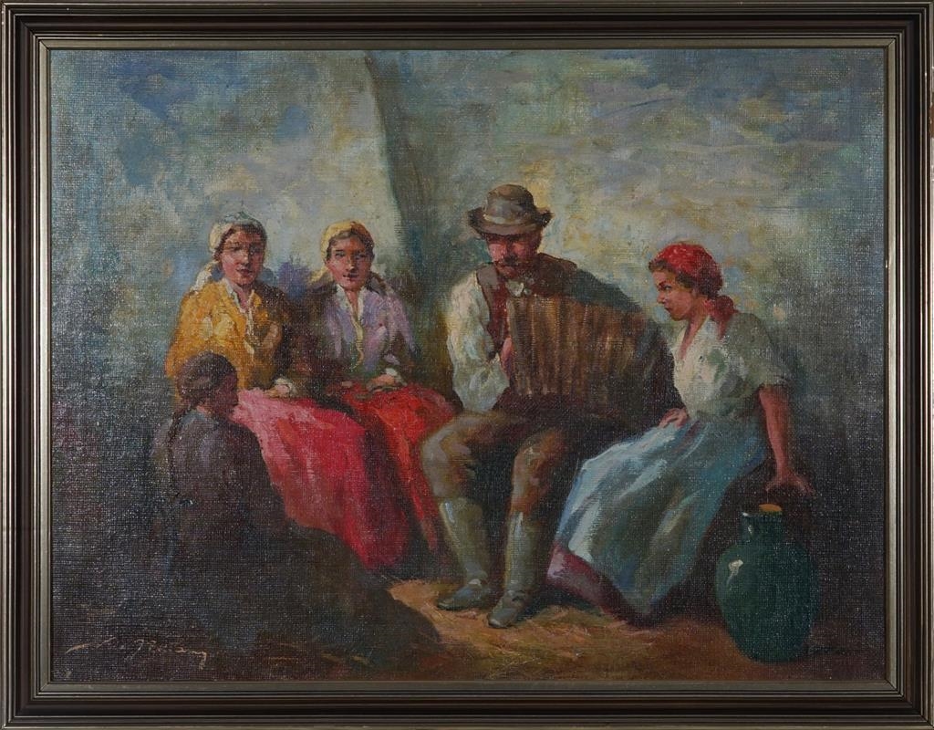Artwork by J. Zoltan Kiss, Accordion Player & Listeners, Made of oil on canvas