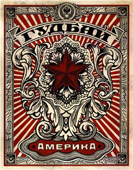 A bold graphic print featuring a red star surrounded by ornate filigree against a radiating background.