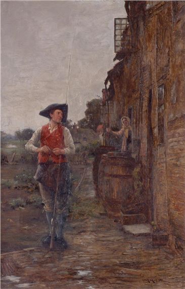 A 19th-century style oil painting of a man fishing near a rustic building.