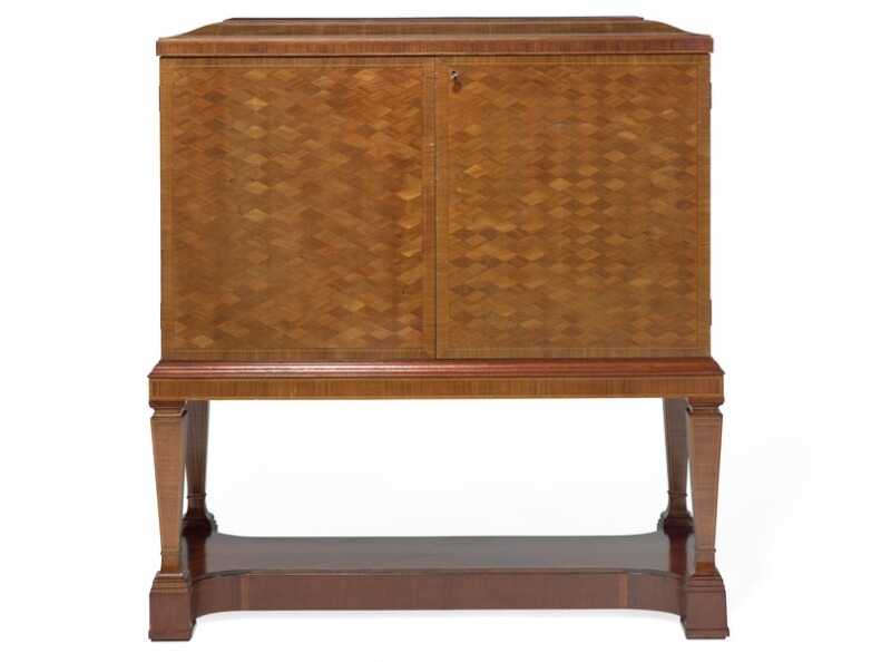 Artwork by Swedish Grace, Freestanding mahogany cutlery cabinet with extensive marquetry of rosewood and light wood, Made of rosewood and light wood