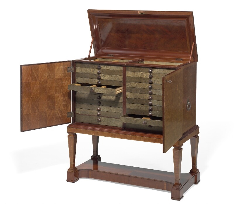 Artwork by Swedish Grace, Freestanding mahogany cutlery cabinet with extensive marquetry of rosewood and light wood, Made of rosewood and light wood