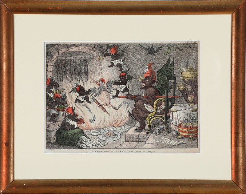 Artwork by James Gillray, The Kitchen below or Belzebub going to Supper, Made of Hand coloured etching mounted