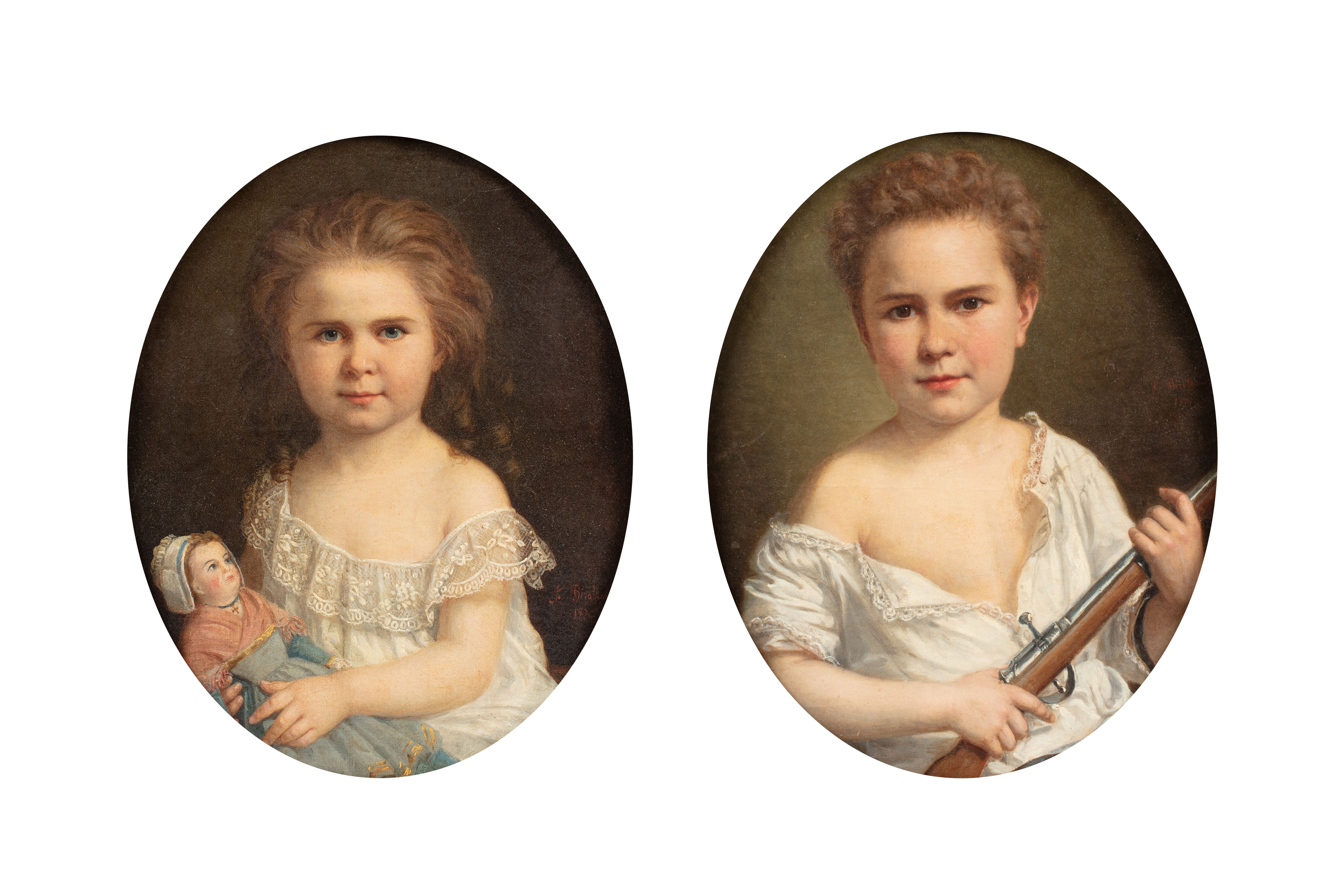 Artwork by Ferdinand Birotheau, Two Works: Un enfant au fusil, Un enfant à la poupée, Made of Oil on canvas