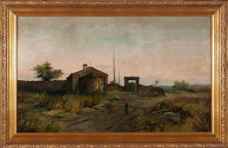 Artwork by J. Miquel, Path next to a chapel, Made of Oil on canvas