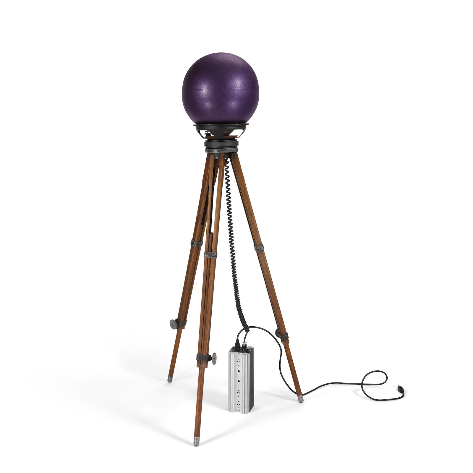 Artwork by Alan Rath, Throbber, Made of wooden tripod, amplifier, speaker and rubber ball
