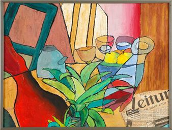 Der Frühstückstisch (Stillleben mit Kaffeekanne, Obstkorb, Grünpflanze und Zeitungsausschnitten) - Michael Dlugosch