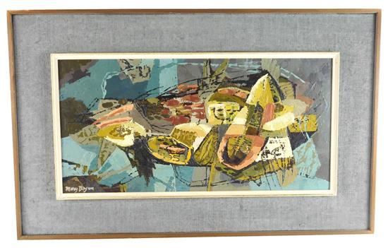 Abstract composition with accents of yellow ochre, black, cream, rusty reds, blues, etc - Mary Bryan