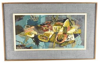 Abstract composition with accents of yellow ochre, black, cream, rusty reds, blues, etc - Mary Bryan