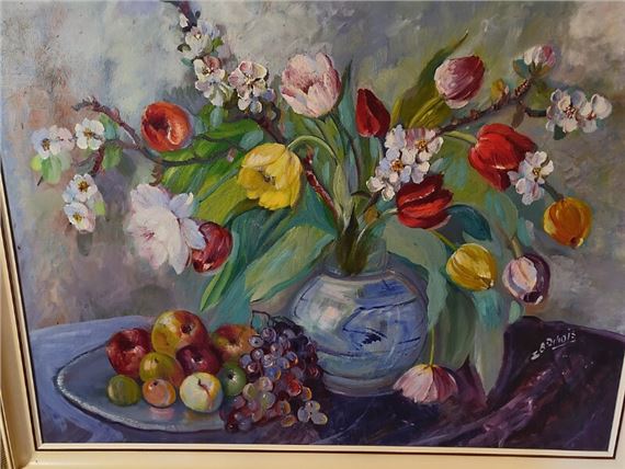 Still life with flowers and fruit by Ingeborg Bentine Debois