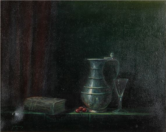 A dark still life featuring a metallic pitcher, wine glass, book, and cherries against a deep green background.