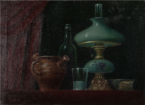 A moody still life featuring a green oil lamp, a terracotta jug, and a glass on a dark shelf.