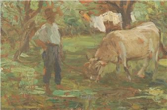 Contadino con mucca che pascola - Giuseppe Milesi
