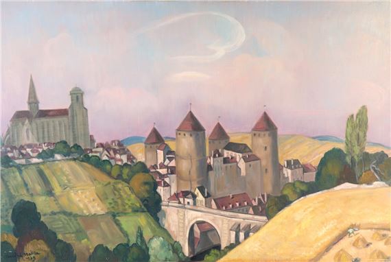 Moissons au dessus de Semur-en-Auxois by André Maire, 1969
