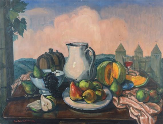 Nature morte aux fruits devant le paysage de Semur-en-Auxois by André Maire, 1973