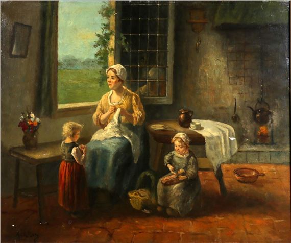 Interieur met moeder en kinderen by Anna Carolina van den Berg