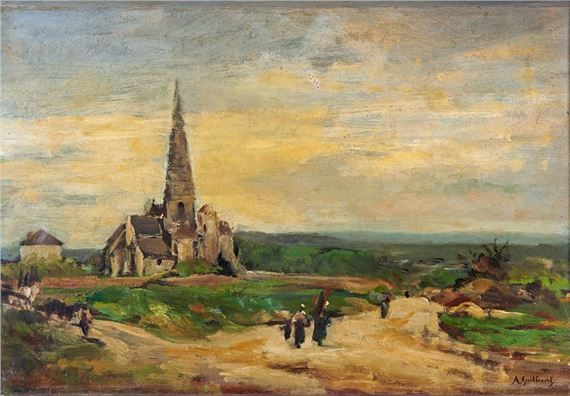 Peasant on the road in front of the church