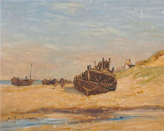 Fishing boat on the beach at low tide