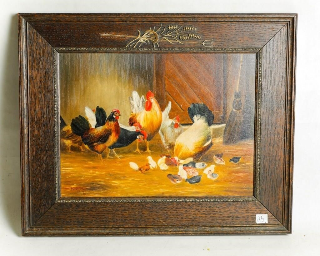 Artwork by A. J. Jurgens, Chickens feeding at barn door, Made of Oil on wooden panel
