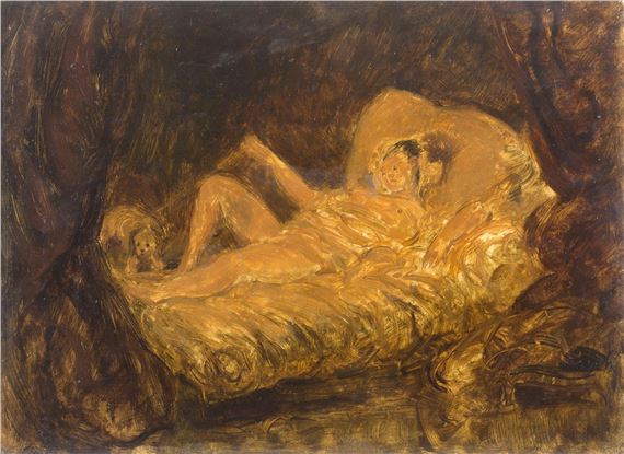 Femme allongée sur un lit avec chien by Jean-Honoré Fragonard, French School, 19th Century