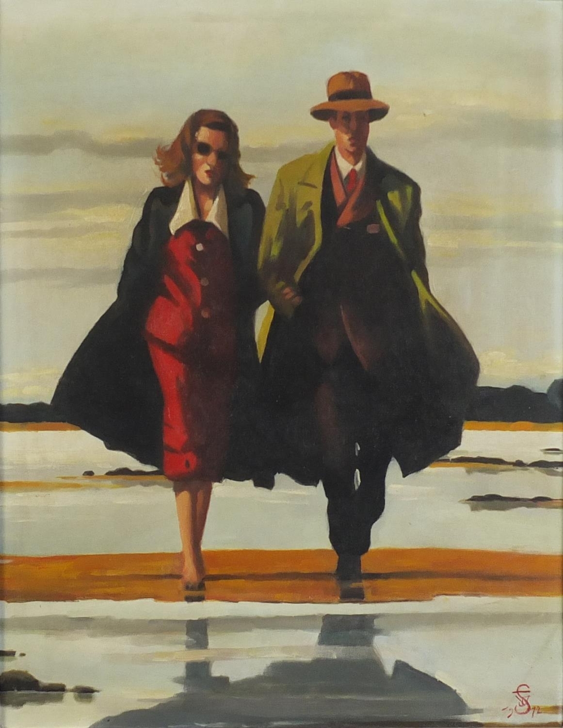 Figures walking on a beach by Jack Vettriano