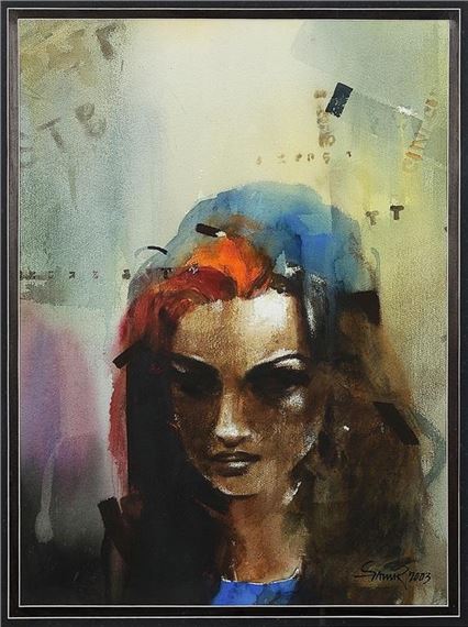 A portrait of a figure with split-toned hair rendered in an expressive, layered style.