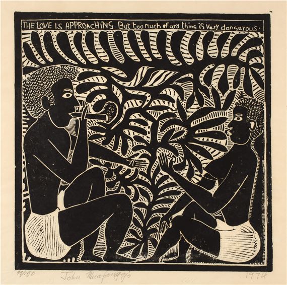 The Love is Approaching But too much of anything is very dangerous by John Ndevasia Muafangejo, dated 1974