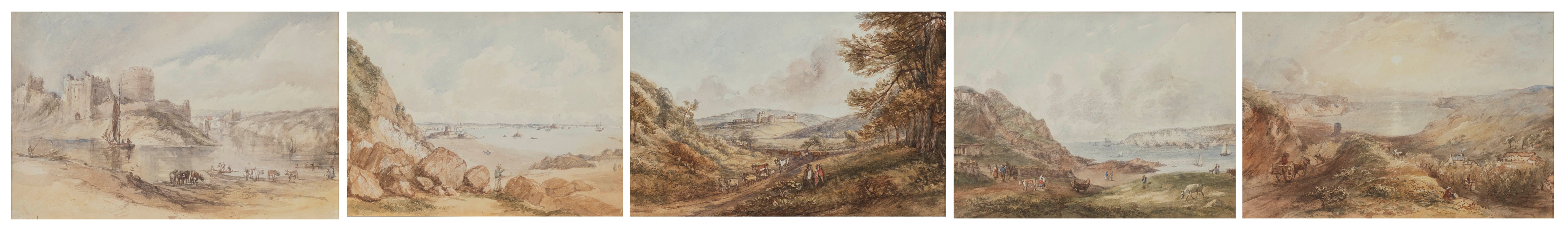 Artwork by Charles Theophilus Hahn, Four views of Jersey, and another, Made of watercolour