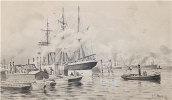 Segelschiff u. Schleppboot im Hafen by Ernst Ludwig Plass
