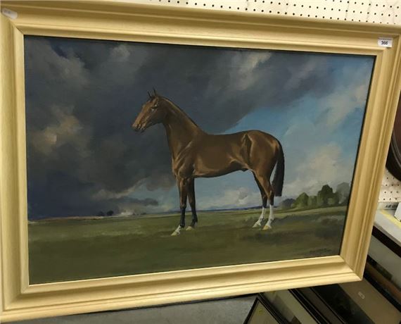 "Chestnut racehorse in a landscape" by Peter Smith, 1961