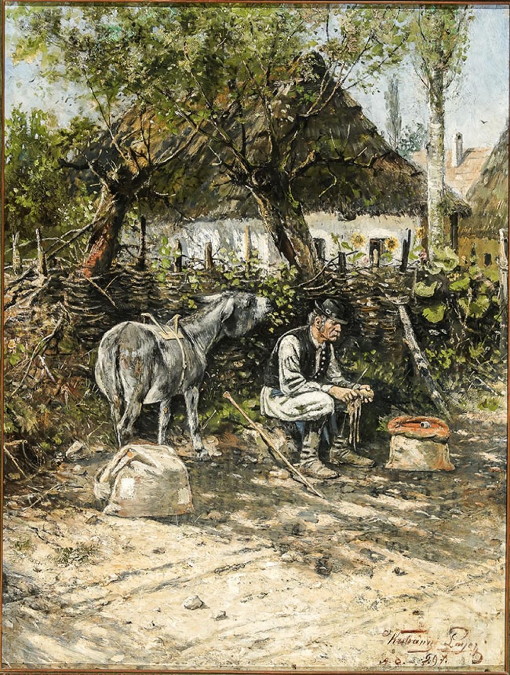 Artwork by Lajos Kubanyi, Traveler Resting Under A Tree With A Donkey, Made of Oil On Canvas