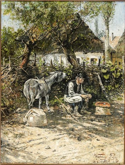 Traveler Resting Under A Tree With A Donkey by Lajos Kubanyi, A.D. 1897