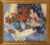 Nature morte aux vases de fleurs et à la poupée asiatique by Maurice Leclercq