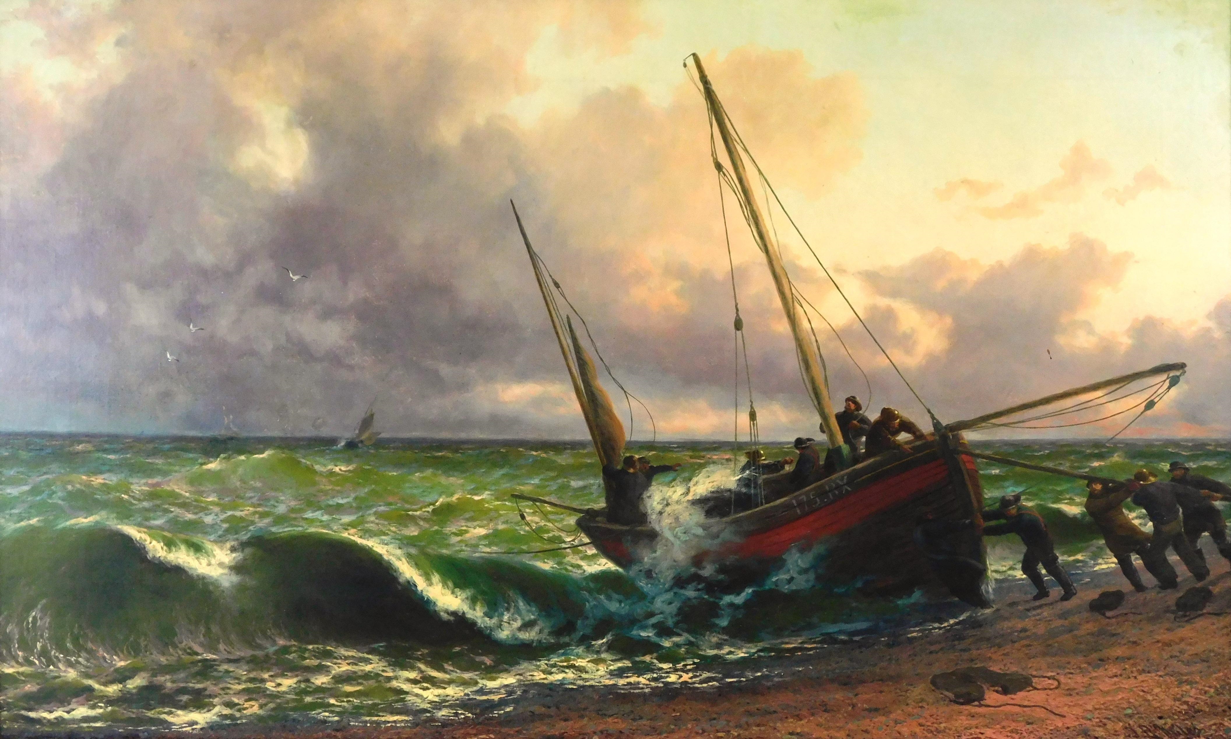 J.R. Miles | boat coming ashore filled with people | MutualArt