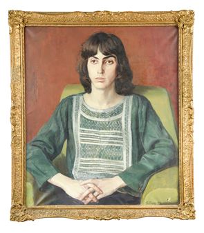 Half length portrait of a seated young man in a green kaftan - Michael Gilbery