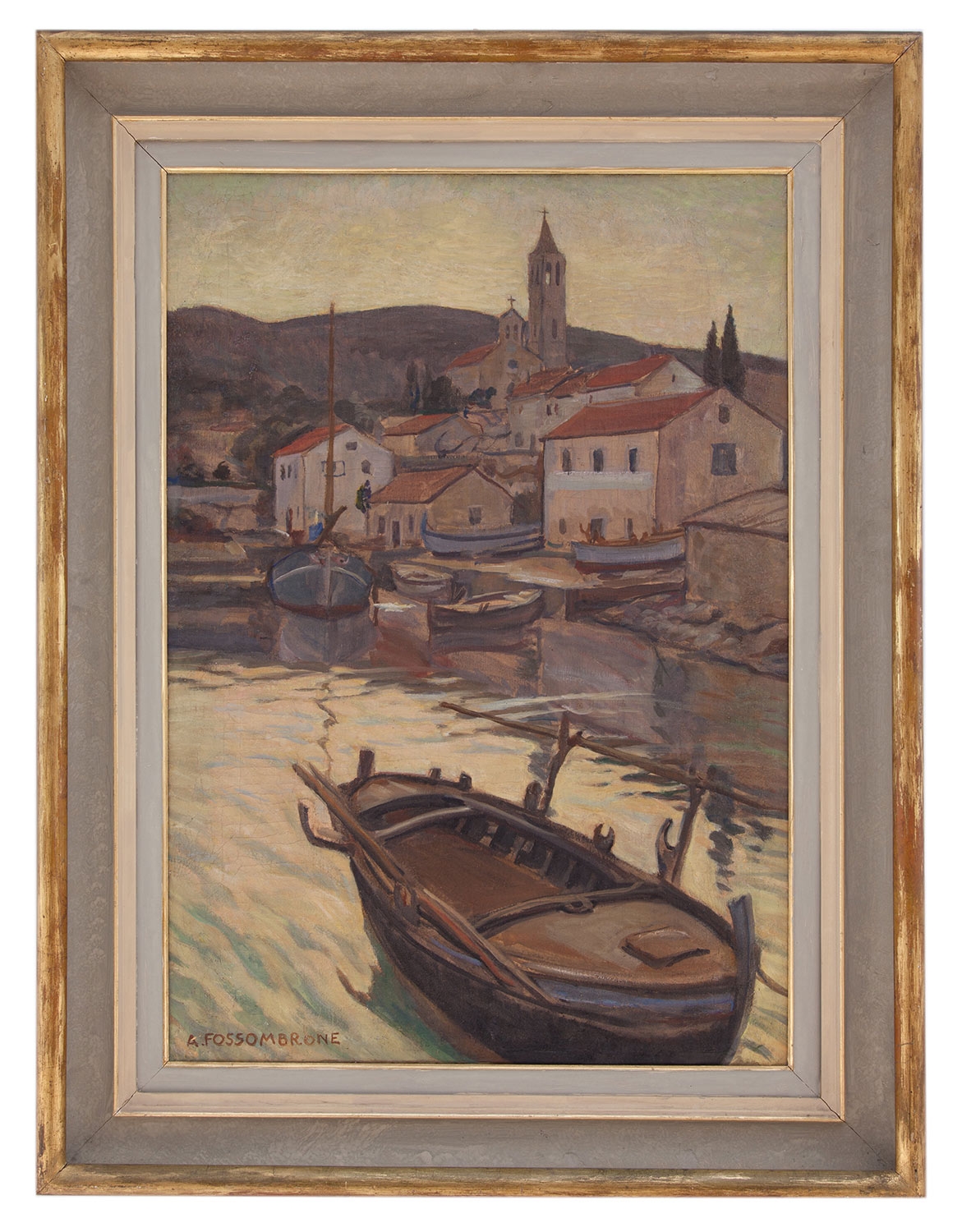 Artwork by Andrea Fossombrone, Il porticciolo sul lago, Made of oil on canvas