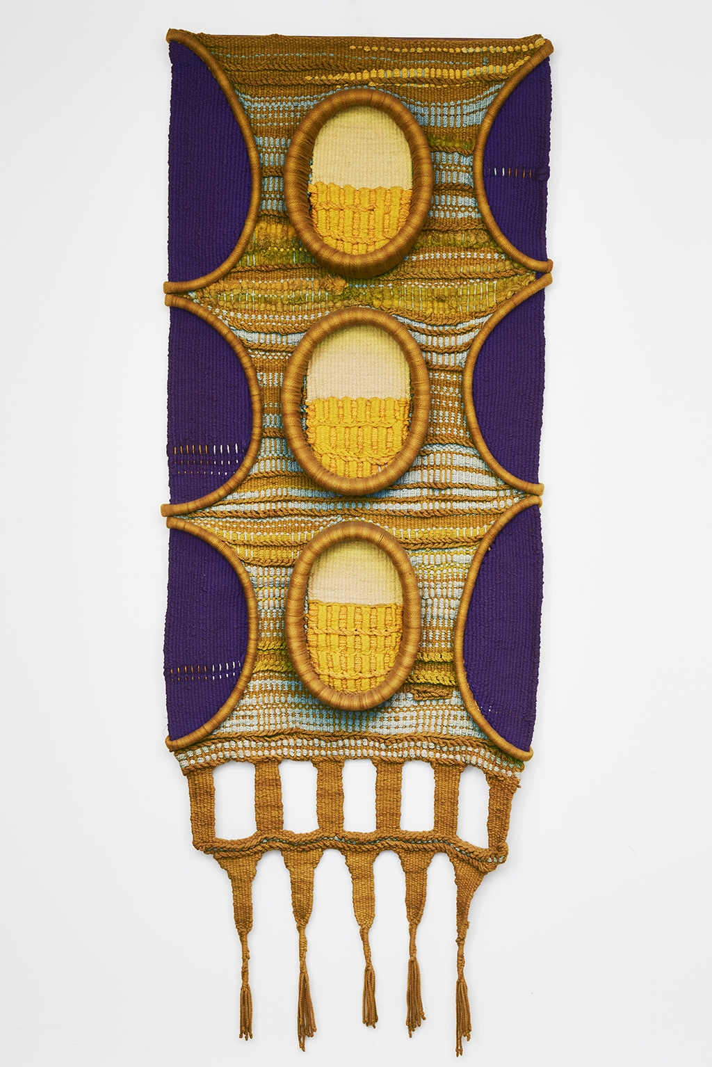 Artwork by Deanna Conti, Bitter Sweet, Wall Hanging, Made of wool, woven in shades of purple, yellow and green