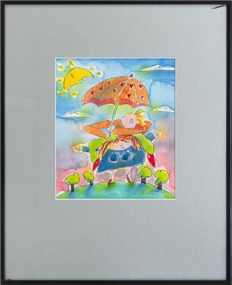 Two ladies under an umbrella, one riding piggyback. by T. Scot Halpin