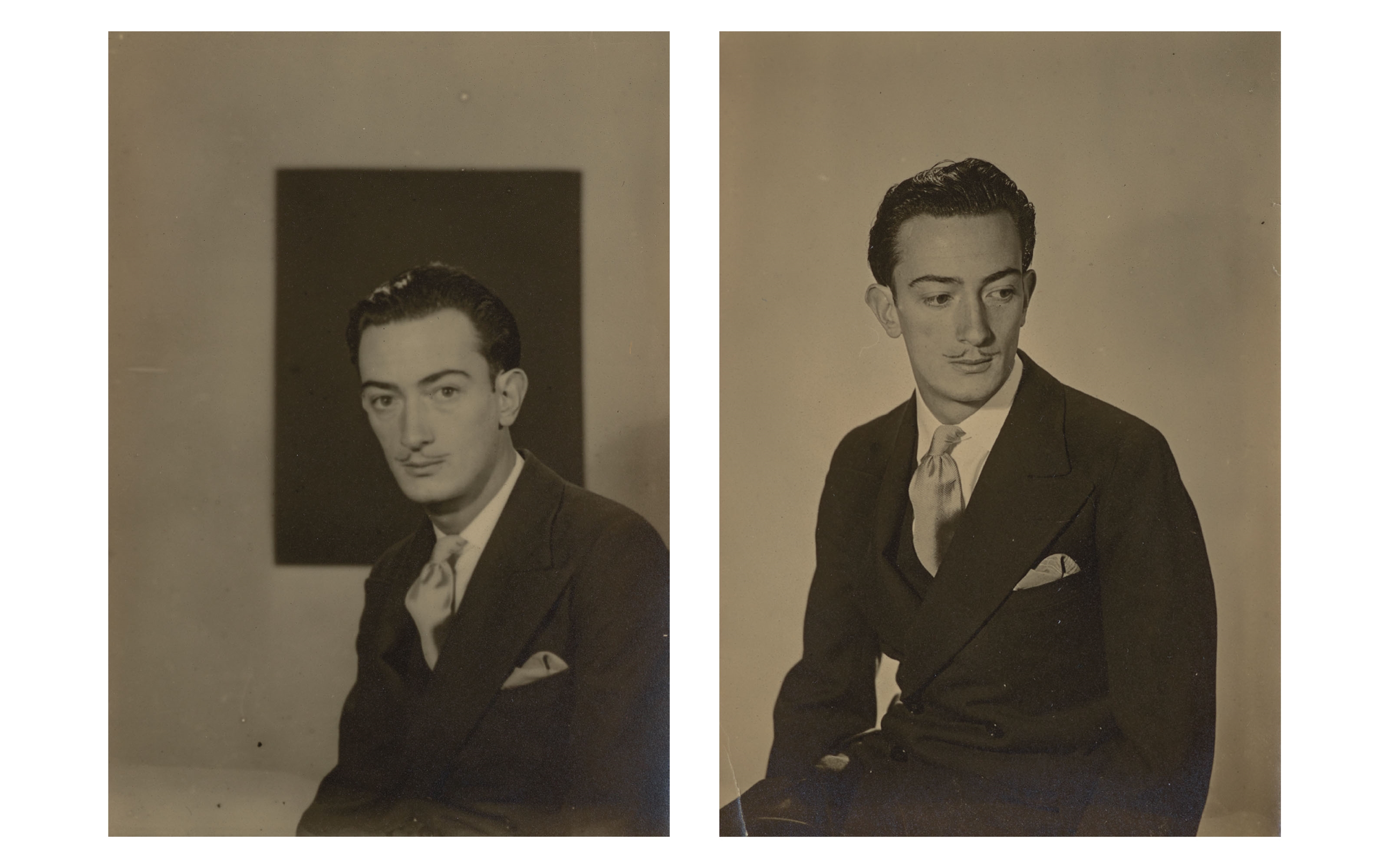 A diptych of two posed figures in formal attire against a neutral backdrop.