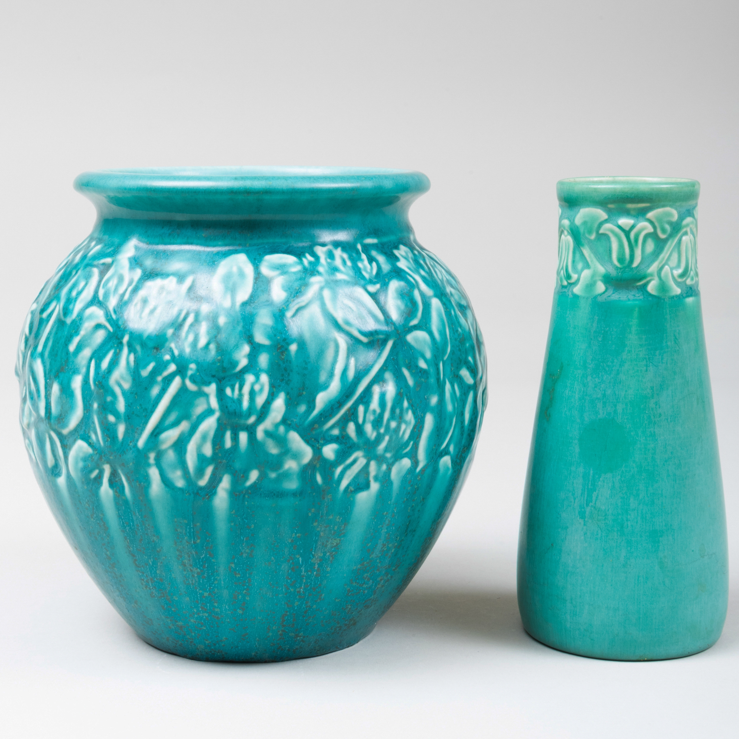 Rookwood Pottery | Two Turquoise Glazed Vases Molded with Stylized ...