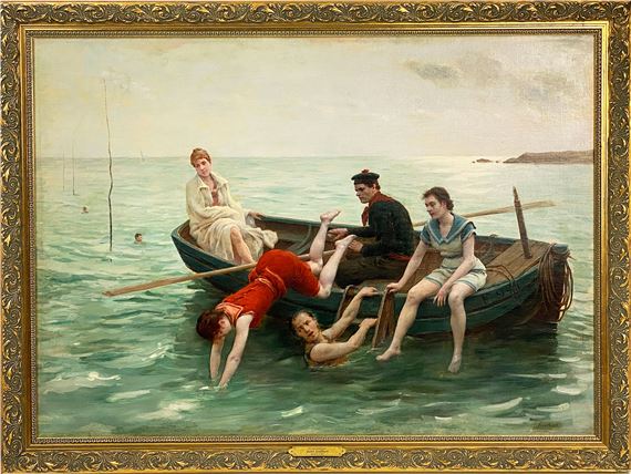 Les Baigneuses swimmers in boat by Jules Scalbert