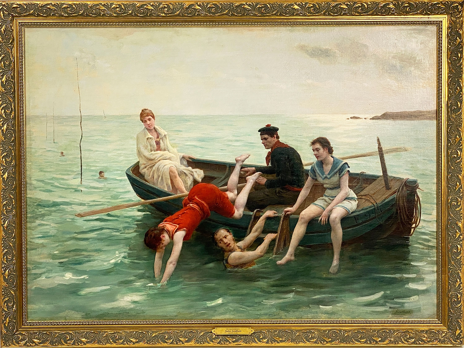 Artwork by Jules Scalbert, Les Baigneuses swimmers in boat, Made of oil on canvas