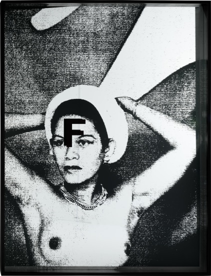 Artwork by Adam Pendleton, System of Display, F (FITS/ Man Ray, Ady Fidelin in front of Giacometti's "Albatross," 1937), Made of silkscreen ink on mirror and Plexiglas, in artist's frame