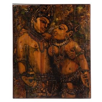 A rustic wooden panel painting of two figures in an intimate embrace, rendered in earthy tones with visible grain and texture.