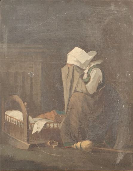Jeune fille agenouillée devant un lit d'enfant - Joseph René Gouézou