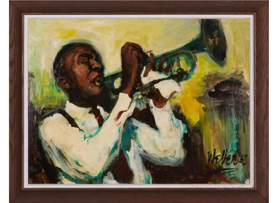 A vibrant oil painting of a figure playing a brass instrument with expressive brushwork.